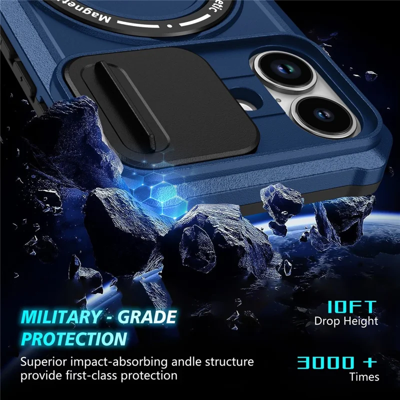 For iPhone 17 Magnetic Case Kickstand PC + TPU Phone Cover with Slide Camera Lid - Sapphire