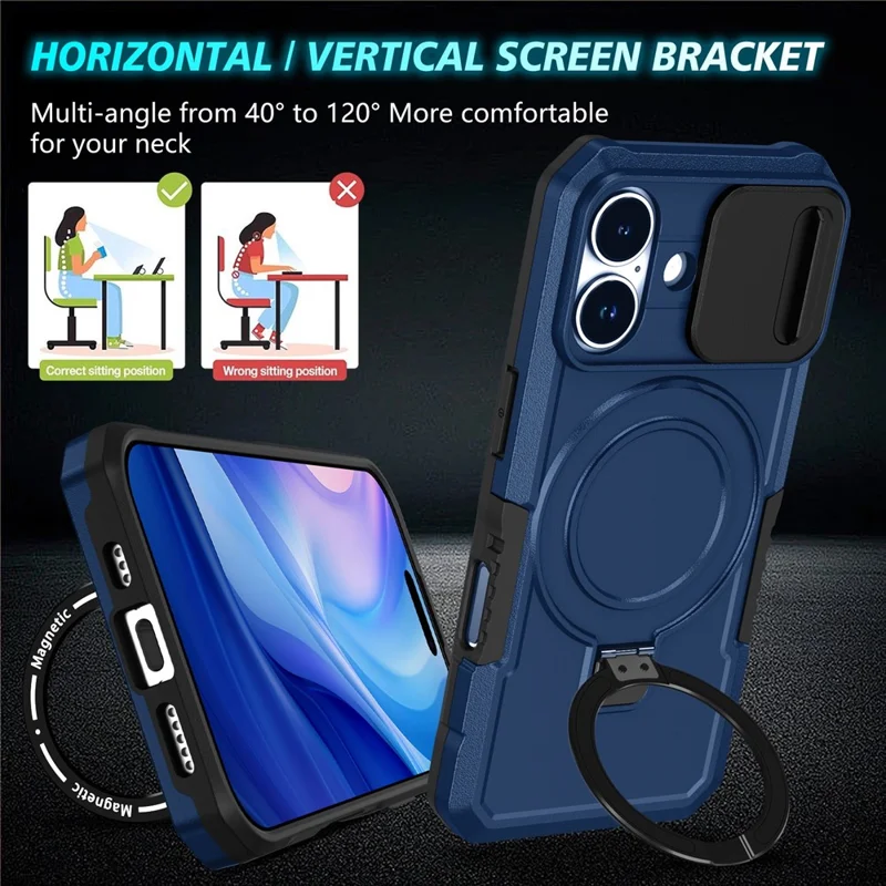 For iPhone 17 Magnetic Case Kickstand PC + TPU Phone Cover with Slide Camera Lid - Sapphire