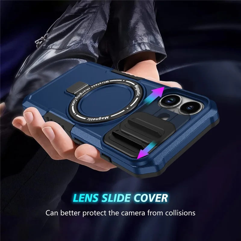 For iPhone 17 Magnetic Case Kickstand PC + TPU Phone Cover with Slide Camera Lid - Sapphire