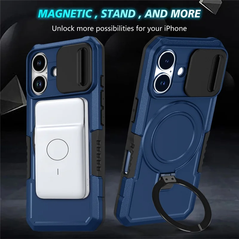 For iPhone 17 Magnetic Case Kickstand PC + TPU Phone Cover with Slide Camera Lid - Sapphire