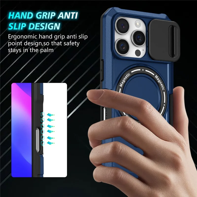 For iPhone 16 Pro Magnetic Case Kickstand PC + TPU Phone Cover with Slide Camera Lid - Sapphire