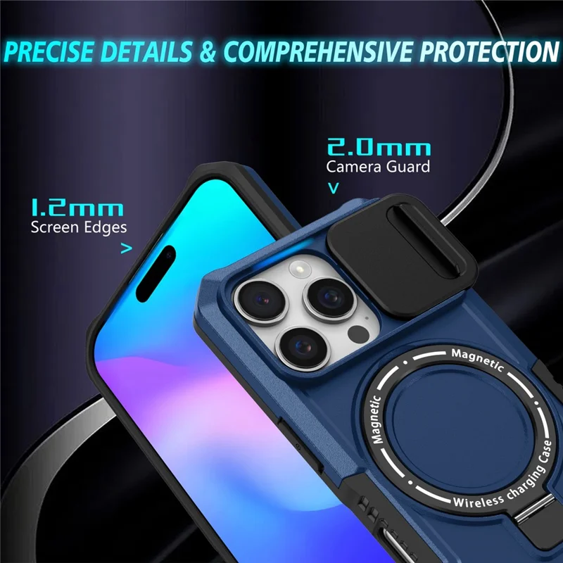 For iPhone 16 Pro Magnetic Case Kickstand PC + TPU Phone Cover with Slide Camera Lid - Sapphire