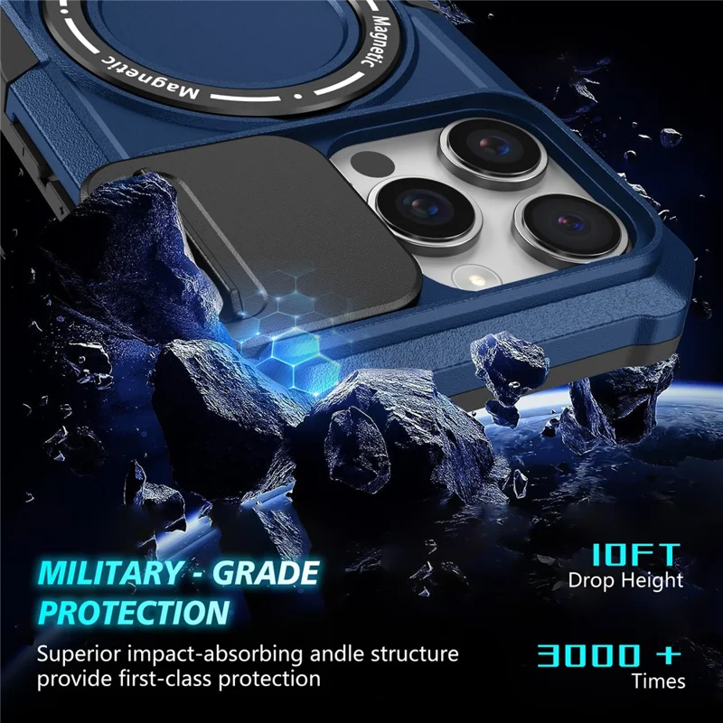 For iPhone 16 Pro Magnetic Case Kickstand PC + TPU Phone Cover with Slide Camera Lid - Sapphire