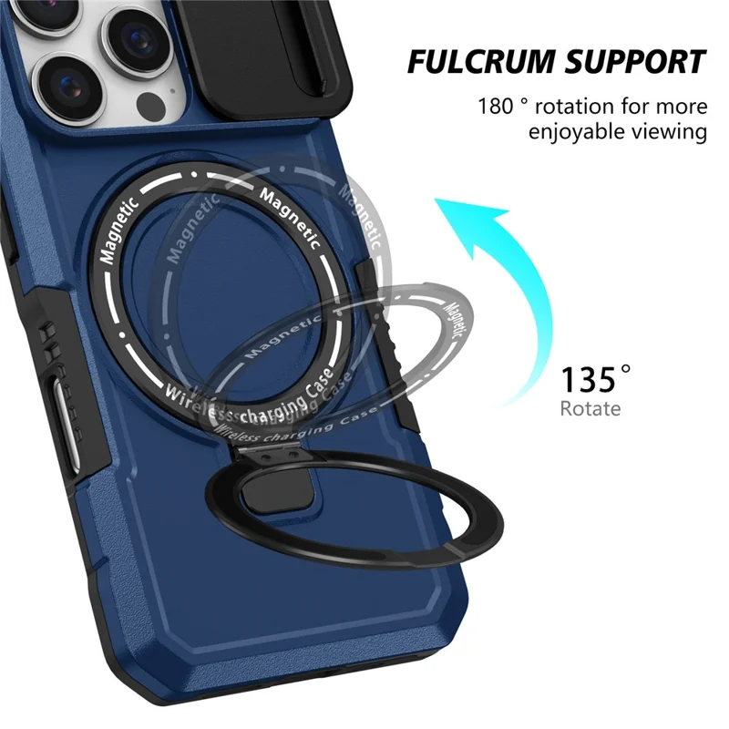 For iPhone 16 Pro Magnetic Case Kickstand PC + TPU Phone Cover with Slide Camera Lid - Sapphire