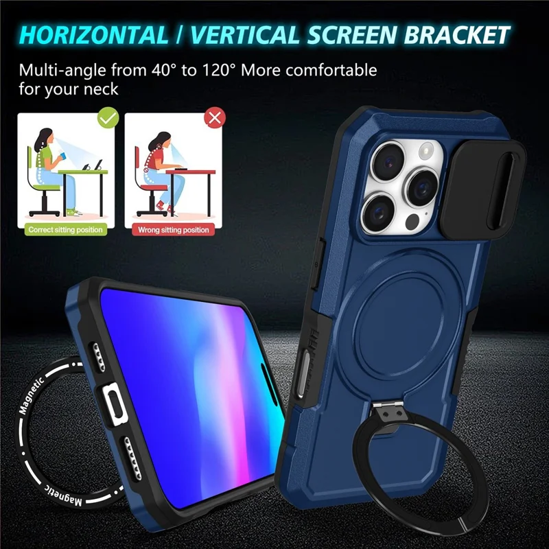 For iPhone 16 Pro Magnetic Case Kickstand PC + TPU Phone Cover with Slide Camera Lid - Sapphire