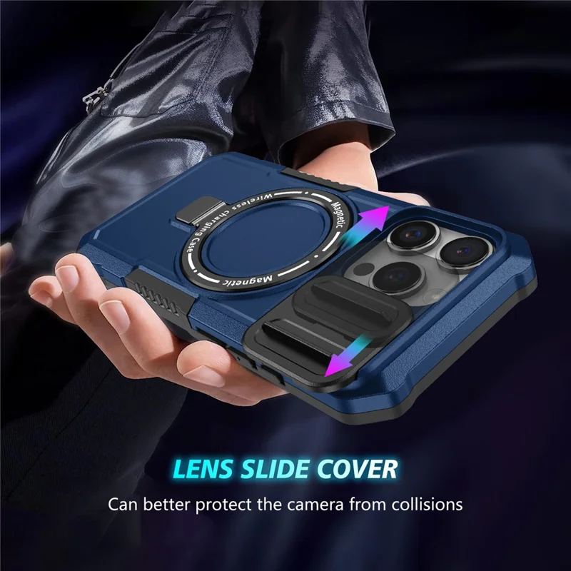 For iPhone 16 Pro Magnetic Case Kickstand PC + TPU Phone Cover with Slide Camera Lid - Sapphire