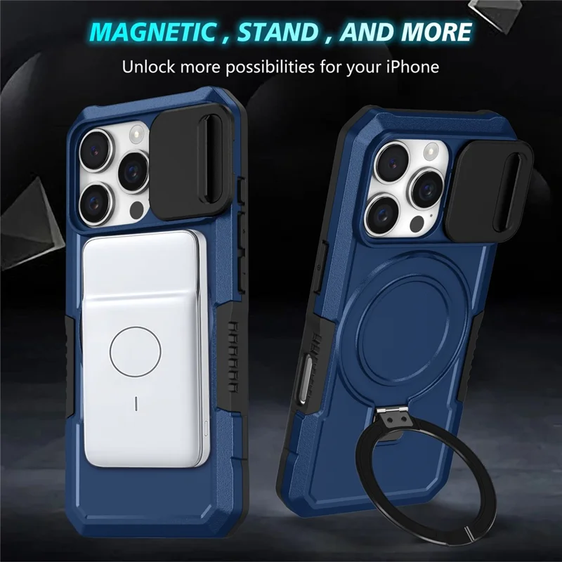 For iPhone 16 Pro Magnetic Case Kickstand PC + TPU Phone Cover with Slide Camera Lid - Sapphire