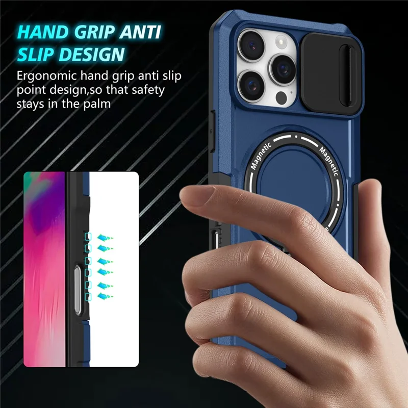 For iPhone 16 Pro Max Magnetic Case Kickstand PC + TPU Phone Cover with Slide Camera Lid - Sapphire