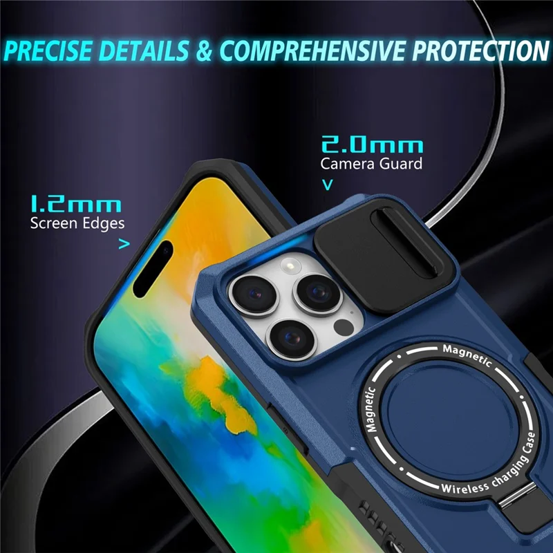 For iPhone 16 Pro Max Magnetic Case Kickstand PC + TPU Phone Cover with Slide Camera Lid - Sapphire