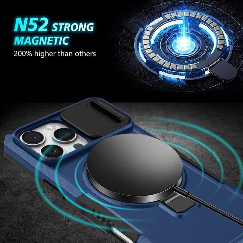 For iPhone 16 Pro Max Magnetic Case Kickstand PC + TPU Phone Cover with Slide Camera Lid - Sapphire