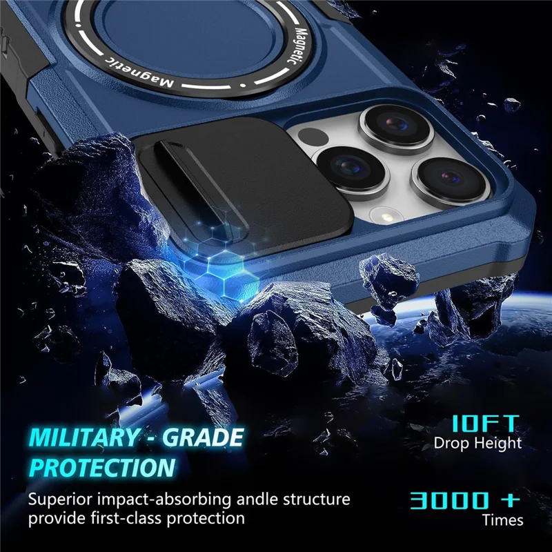For iPhone 16 Pro Max Magnetic Case Kickstand PC + TPU Phone Cover with Slide Camera Lid - Sapphire