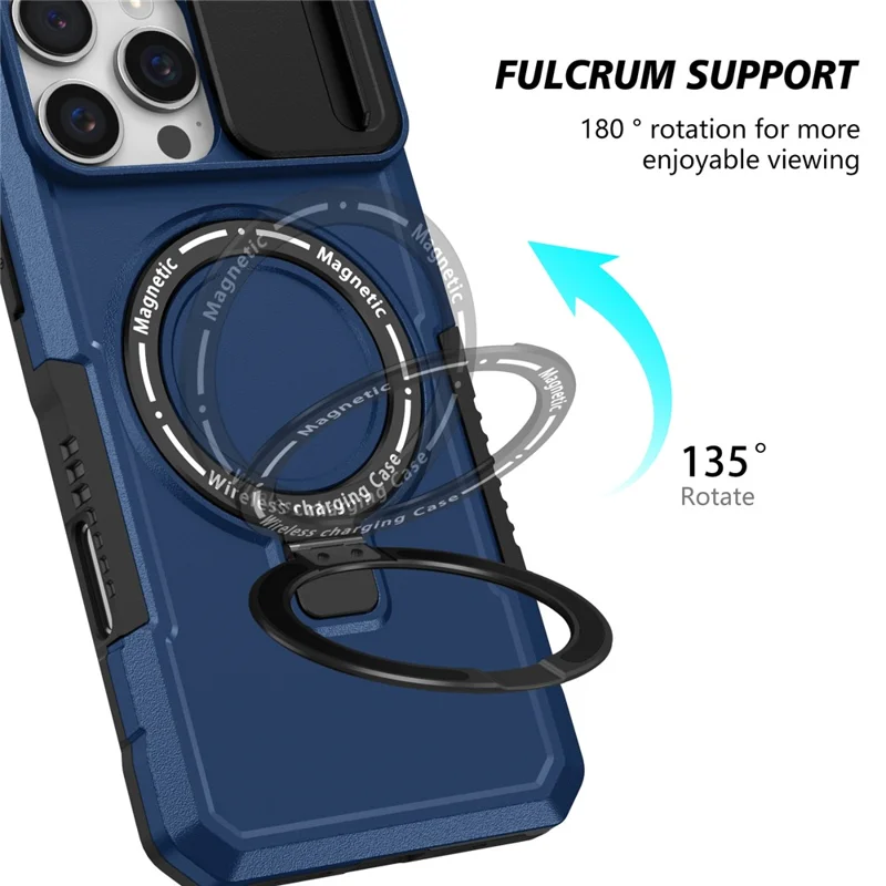 For iPhone 16 Pro Max Magnetic Case Kickstand PC + TPU Phone Cover with Slide Camera Lid - Sapphire