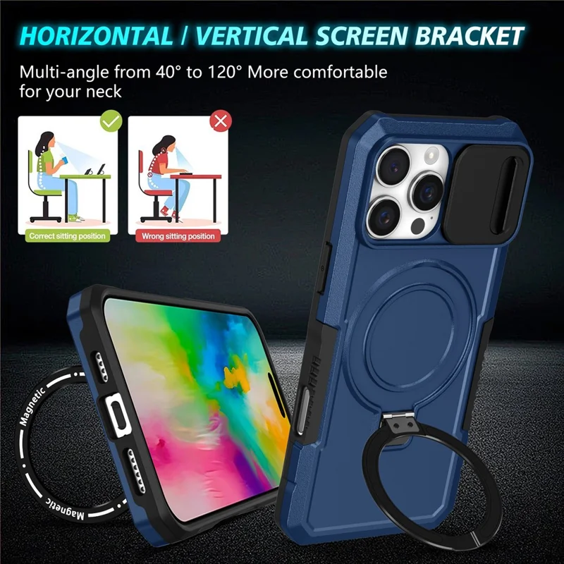 For iPhone 16 Pro Max Magnetic Case Kickstand PC + TPU Phone Cover with Slide Camera Lid - Sapphire