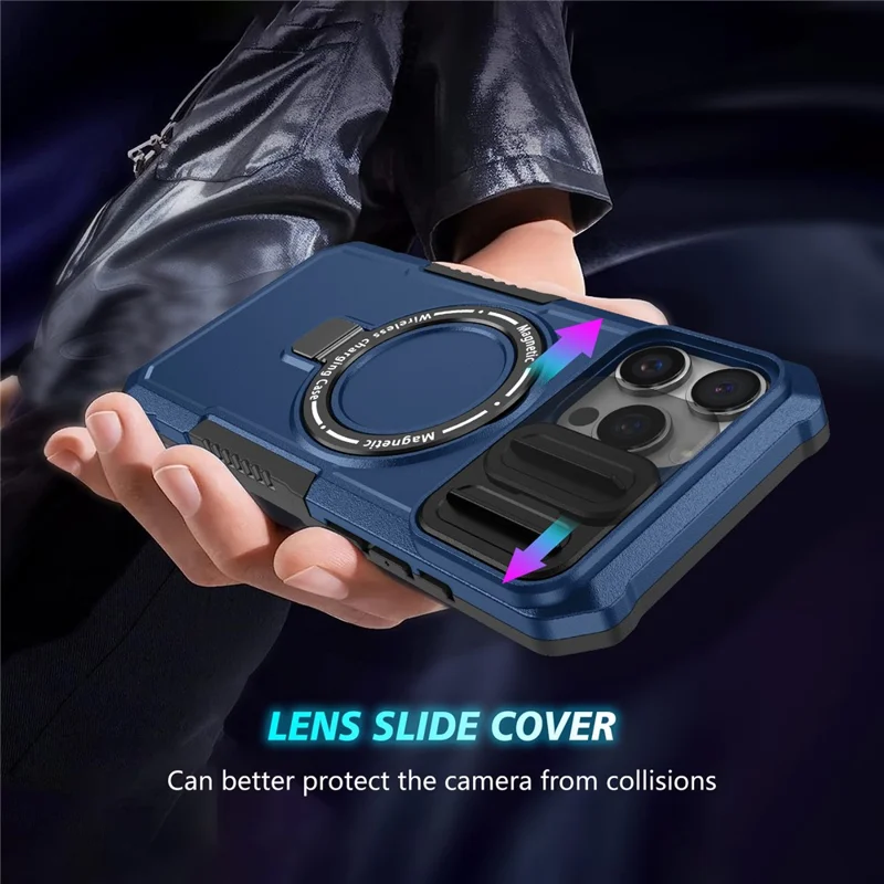 For iPhone 16 Pro Max Magnetic Case Kickstand PC + TPU Phone Cover with Slide Camera Lid - Sapphire