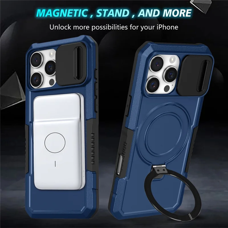 For iPhone 16 Pro Max Magnetic Case Kickstand PC + TPU Phone Cover with Slide Camera Lid - Sapphire