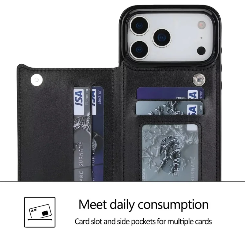 Pungtaske til iPhone 18 Pro Max / iPhone 17 Pro Max med magnetisk lukning, kortinddeling, lædertaske - Sort
