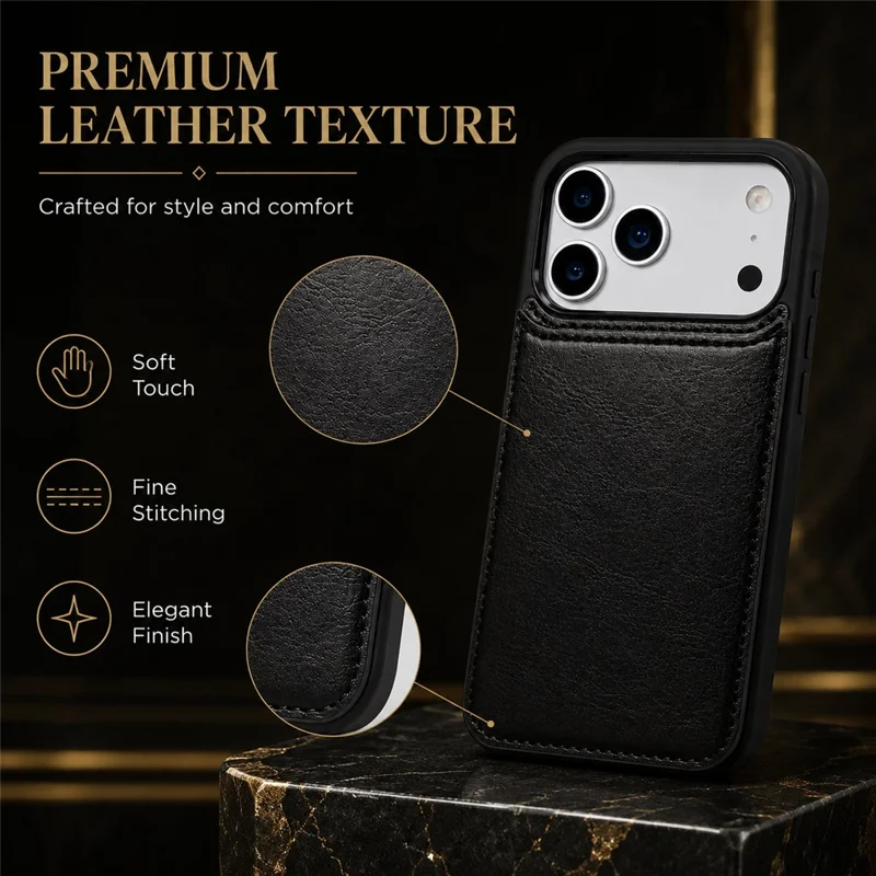Pungtaske til iPhone 18 Pro Max / iPhone 17 Pro Max med magnetisk lukning, kortinddeling, lædertaske - Sort