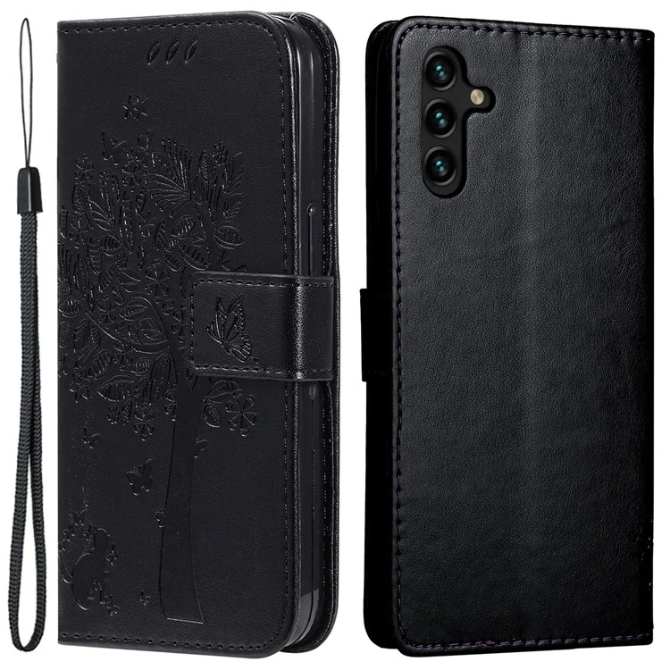 KT Impresión de Flores Series-3 Para Samsung Galaxy A34 5G PU Magnetic Pellez Flip Telep Cortada Imprimida Patrón de Gato Patrón de Soporte Cubierta Con Correa - Negro