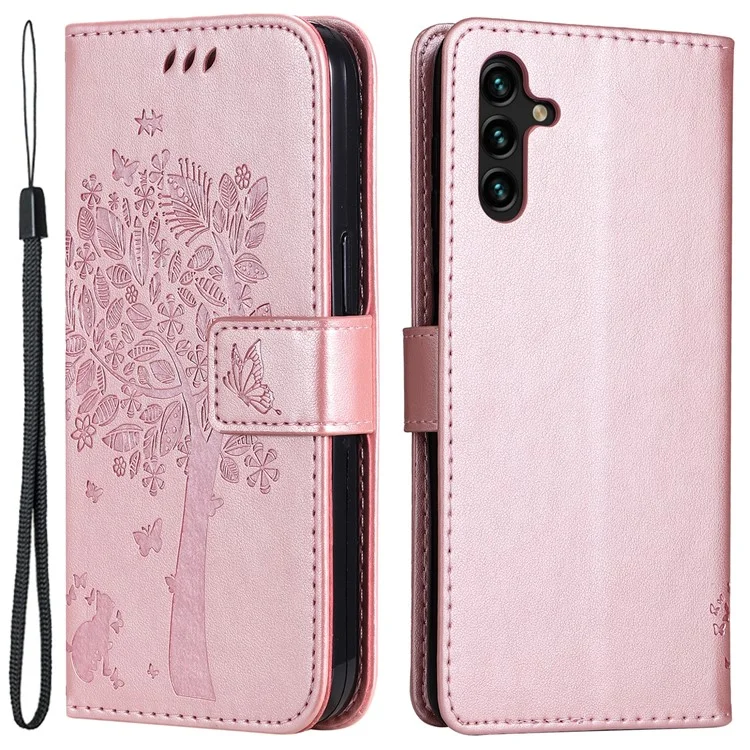 For Samsung Galaxy A34 5G Phone Case with Stand Cat Tree Pattern Leather Wallet Mobile Cover - Rose Gold