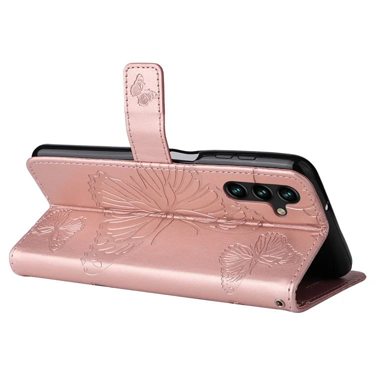 For Samsung Galaxy A34 5G Wallet Case Floral Butterfly Imprinted Leather Phone Cover Stand - Rose Gold