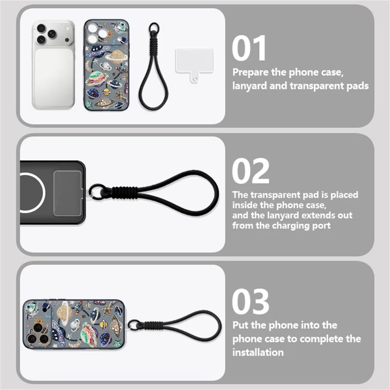 For iPhone 17 Pro Case with Wrist Strap Cosmic Pattern Lens Protection TPU Cover - B283G3