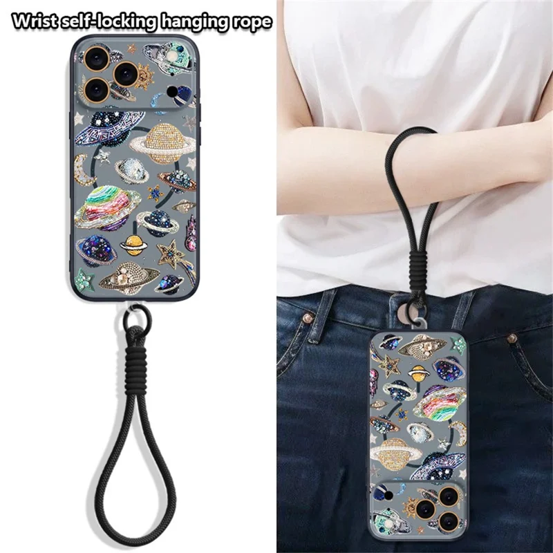 For iPhone 18 Pro Max / 17 Pro Max Case with Wrist Strap Cosmic Pattern Lens Protection TPU Cover - B280B1