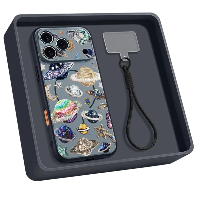 For iPhone 18 Pro Max / 17 Pro Max Case with Wrist Strap Cosmic Pattern Lens Protection TPU Cover - B280B1