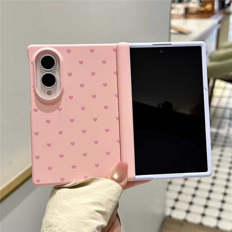 For Samsung Galaxy Z Fold8 Case Cute Pattern Hinge Protection PC Phone Cover with Pearl Lanyard - Pink / Heart