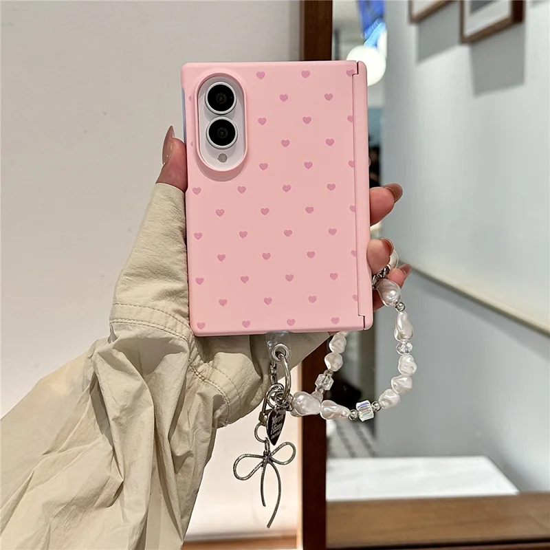 For Samsung Galaxy Z Fold8 Case Cute Pattern Hinge Protection PC Phone Cover with Pearl Lanyard - Pink / Heart