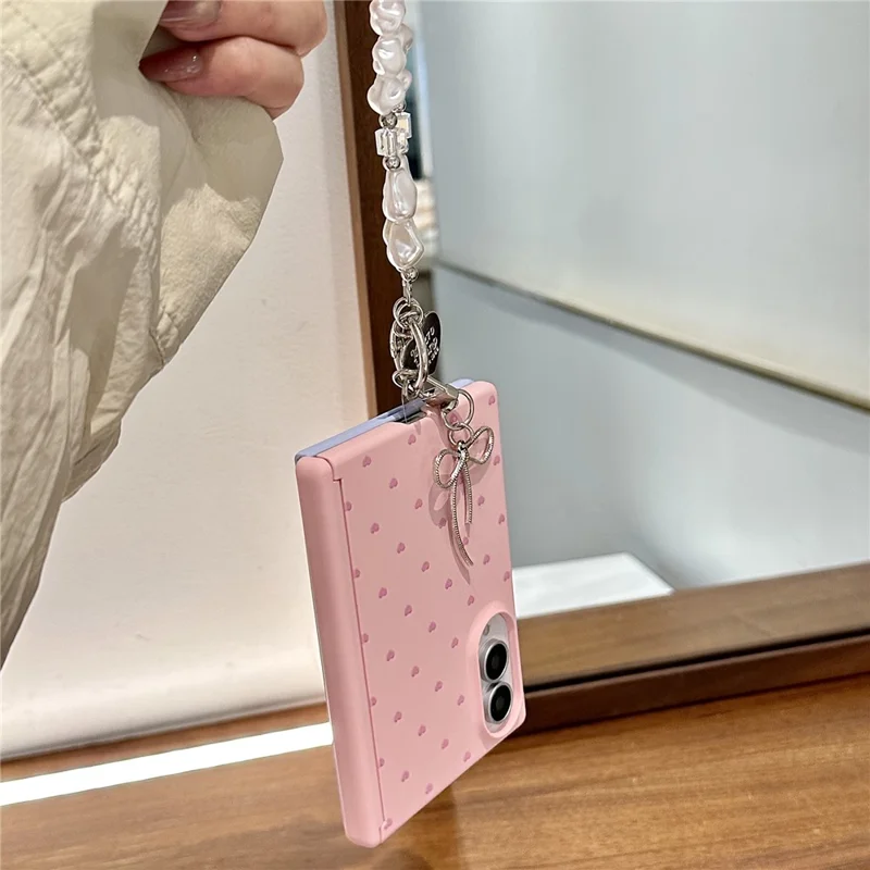 For Samsung Galaxy Z Fold8 Case Cute Pattern Hinge Protection PC Phone Cover with Pearl Lanyard - Pink / Heart
