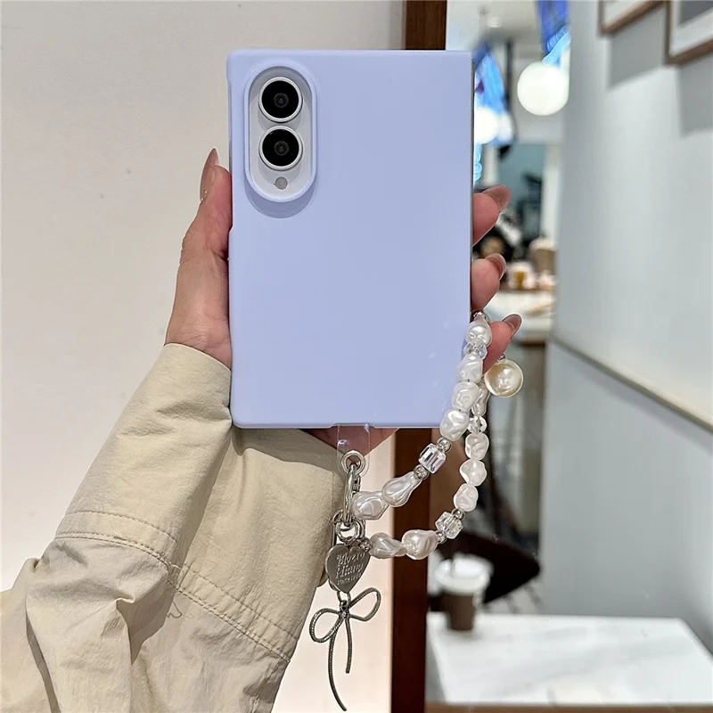 For Samsung Galaxy Z Fold8 Case Solid Color PC Foldable Phone Protective Cover with Pearl Wrist Strap - Lilac Purple