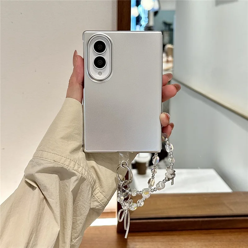For Samsung Galaxy Z Fold8 Case Electroplated Finish PC Phone Cover with Beaded Chain Lanyard  - Silver