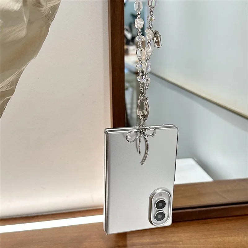 For Samsung Galaxy Z Fold8 Case Electroplated Finish PC Phone Cover with Beaded Chain Lanyard  - Silver