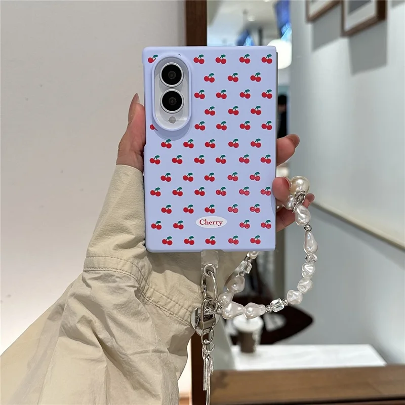 For Samsung Galaxy Z Fold8 Case Cherry Pattern Aesthetic Hard PC Phone Cover with Pearl Chain Lanyard - Blue