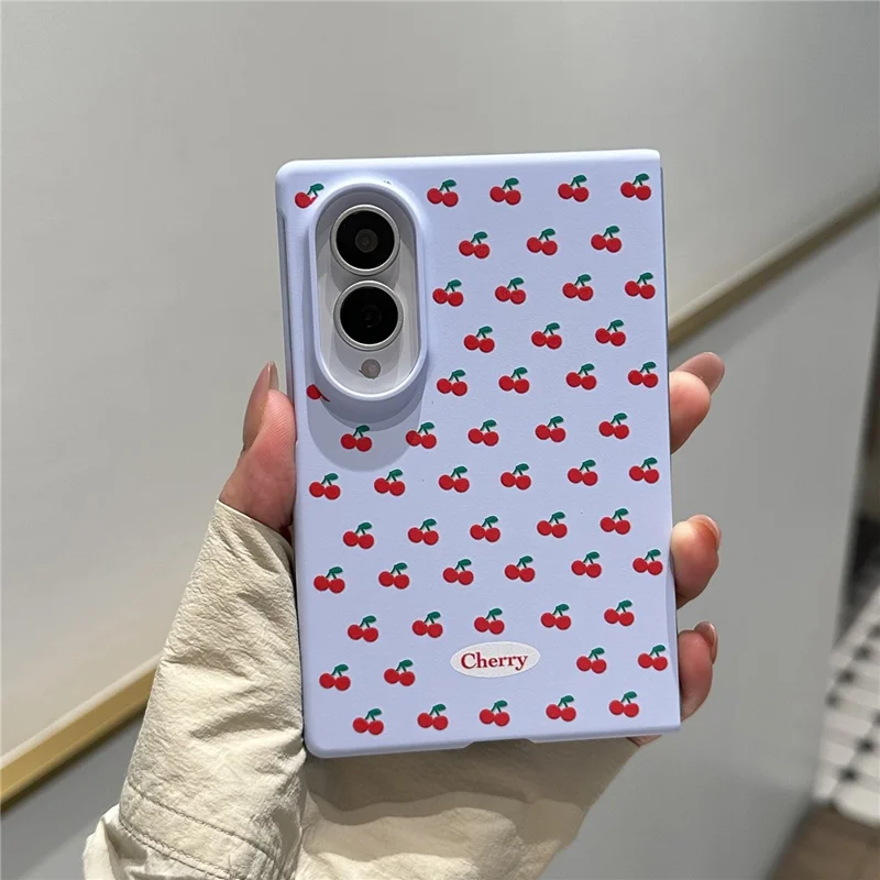 For Samsung Galaxy Z Fold8 Case Cherry Pattern Aesthetic Hard PC Phone Cover with Pearl Chain Lanyard - Blue