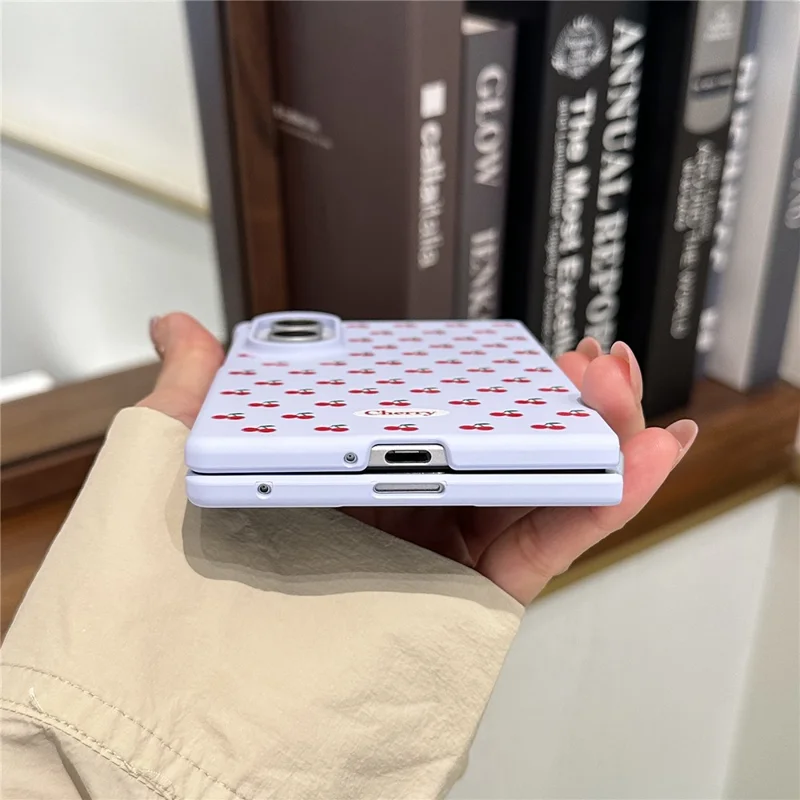 For Samsung Galaxy Z Fold8 Case Cherry Pattern Aesthetic Hard PC Phone Cover with Pearl Chain Lanyard - Blue