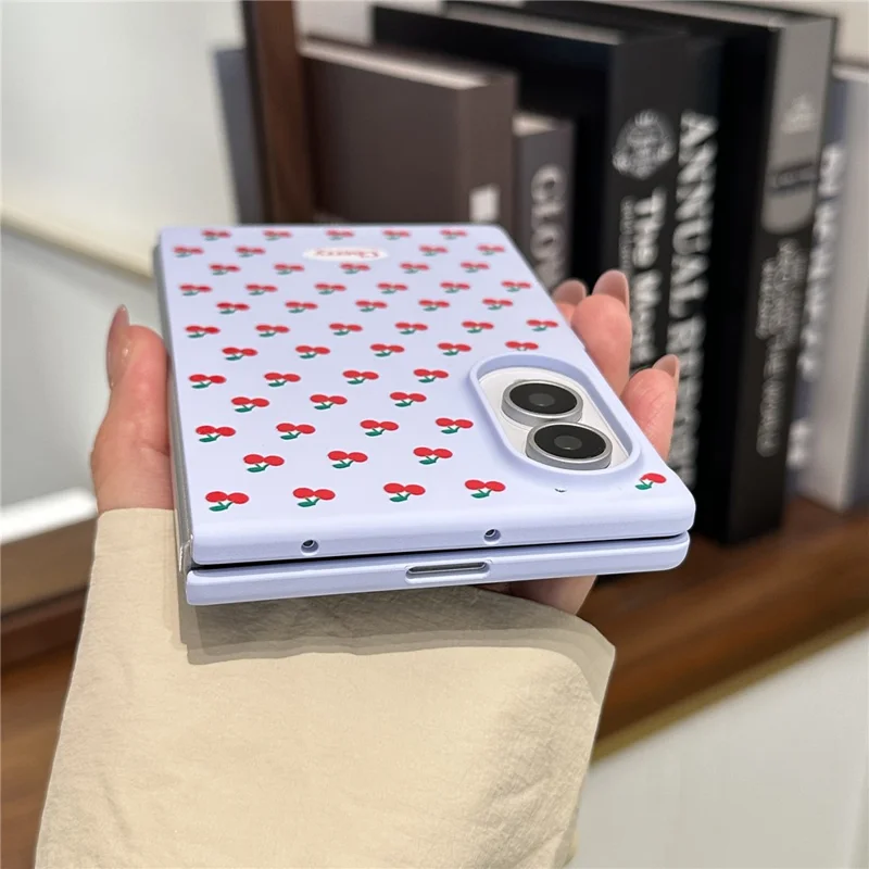 For Samsung Galaxy Z Fold8 Case Cherry Pattern Aesthetic Hard PC Phone Cover with Pearl Chain Lanyard - Blue