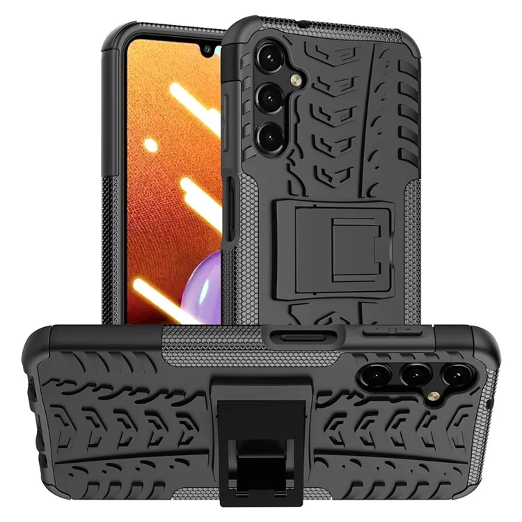 Pour Samsung Galaxy A14 5G / A14 4G Cool Tire Texture Kickstand Drop-proof Phone Case Soft TPU Hard PC Hybrid Cover - Noir