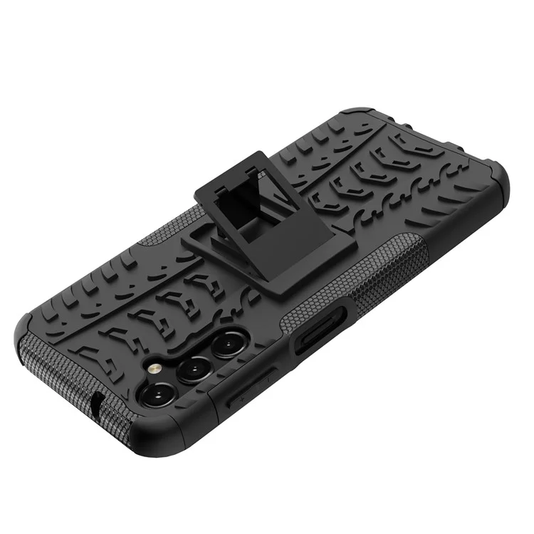 Pour Samsung Galaxy A14 5G / A14 4G Cool Tire Texture Kickstand Drop-proof Phone Case Soft TPU Hard PC Hybrid Cover - Noir