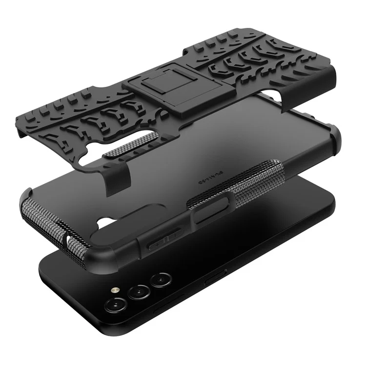 Pour Samsung Galaxy A14 5G / A14 4G Cool Tire Texture Kickstand Drop-proof Phone Case Soft TPU Hard PC Hybrid Cover - Noir