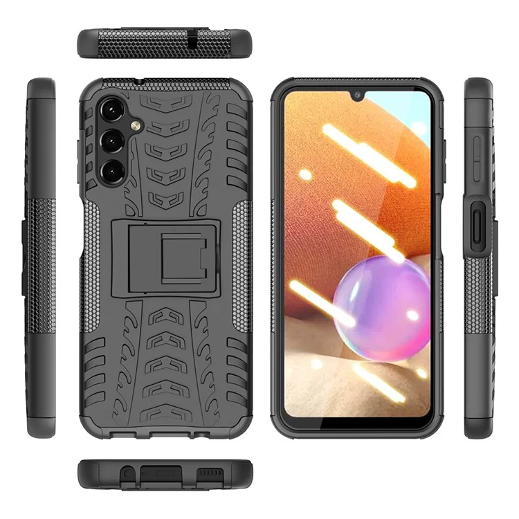 Pour Samsung Galaxy A14 5G / A14 4G Cool Tire Texture Kickstand Drop-proof Phone Case Soft TPU Hard PC Hybrid Cover - Noir