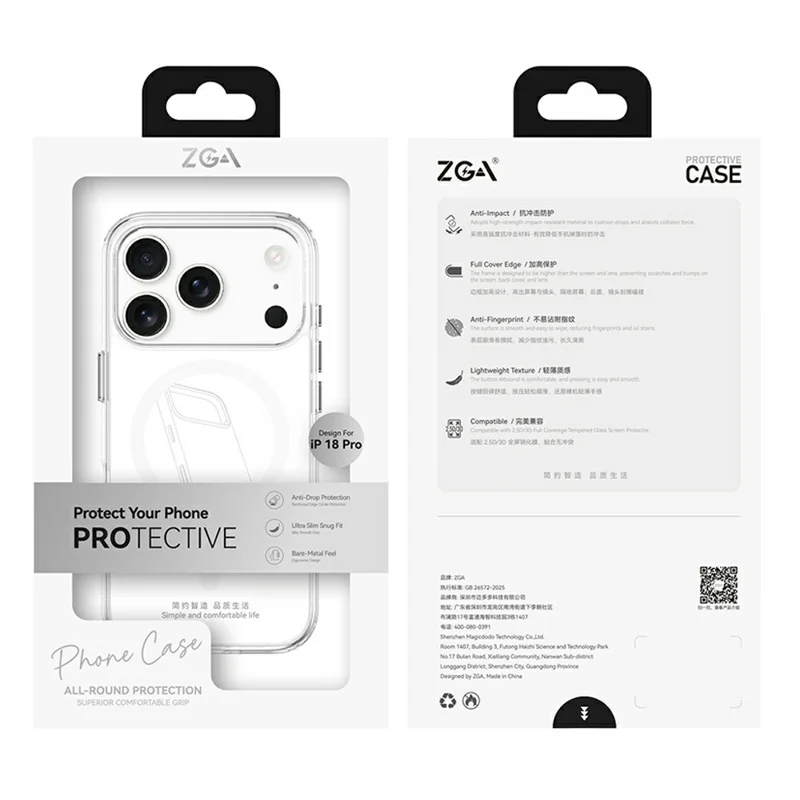 ZGA for iPhone 18 Pro Magnetic Case Crystal Clear PC TPU Anti-Scratch Phone Cover - Transparent