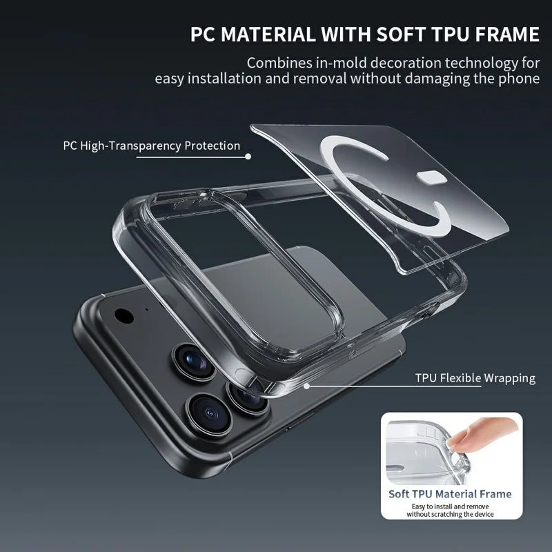 ZGA for iPhone 18 Pro Magnetic Case Crystal Clear PC TPU Anti-Scratch Phone Cover - Transparent