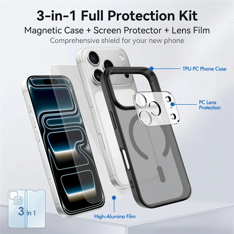 Custodia magnetica per iPhone 18 Pro Max, cover in TPU + PC con protettore schermo in vetro al silicio alluminato + protezione obiettivo fotocamera in PC - Nero