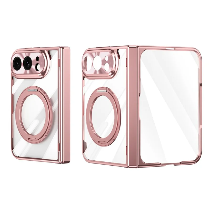 For iPhone Fold Case with Tempered Glass Screen Protector Rotatable Ring Kickstand PC Cover - Pink