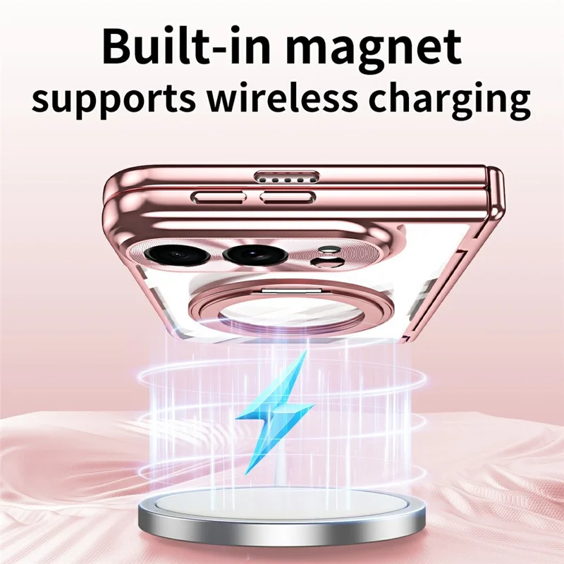 For iPhone Fold Case with Tempered Glass Screen Protector Rotatable Ring Kickstand PC Cover - Pink