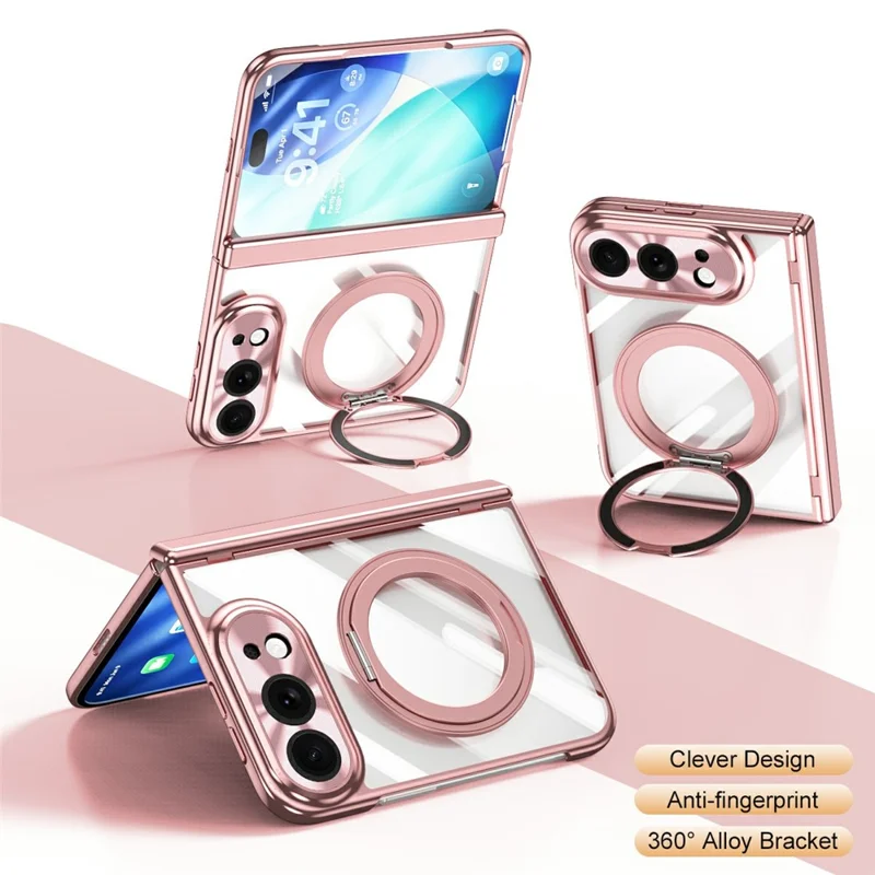 For iPhone Fold Case with Tempered Glass Screen Protector Rotatable Ring Kickstand PC Cover - Pink
