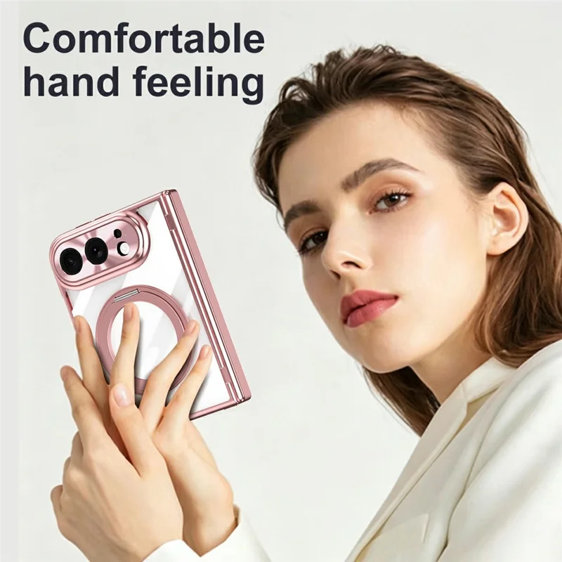 For iPhone Fold Case with Tempered Glass Screen Protector Rotatable Ring Kickstand PC Cover - Pink