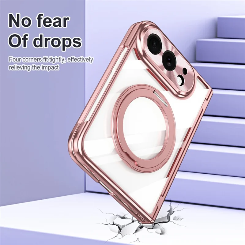 For iPhone Fold Case with Tempered Glass Screen Protector Rotatable Ring Kickstand PC Cover - Pink