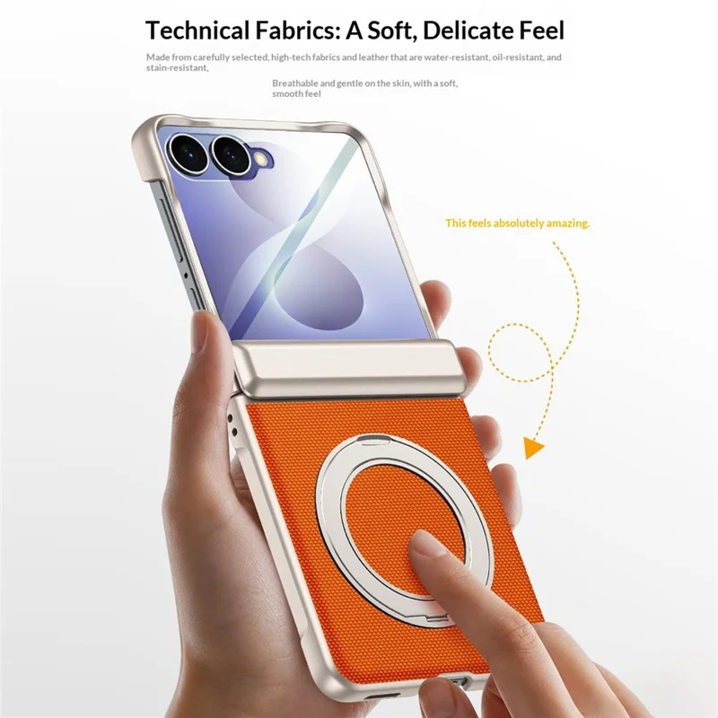 For Samsung Galaxy Z Flip8 Case with HD Screen Protector Magnetic Rotating Kickstand Tech Fabric + PC Phone Cover - Orange